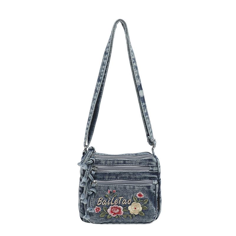Borsa a Tracolla in Denim da Donna con Ricamo di Gattino Cartone Animato e Multi-scomparti