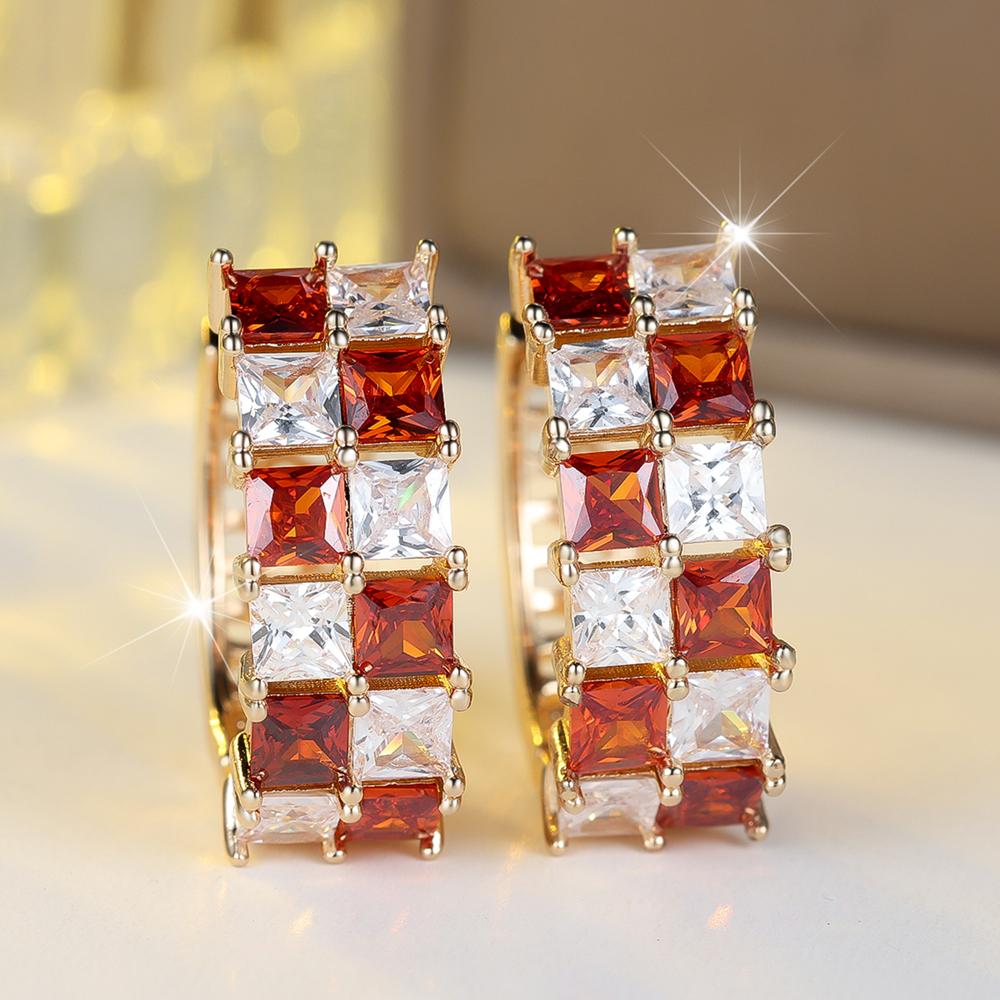 Exquisite Square White Black Zircon Chessboard Hoop Earrings for Women Vintage Golden Wedding Jewelry Gifts