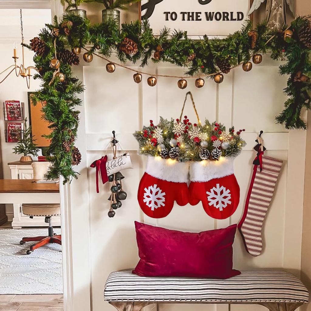 LED Christmas Mitten Wreath With Realistic Pine Cones Red Berries Indoor Outdoor Holiday Decoration For Door Mantle