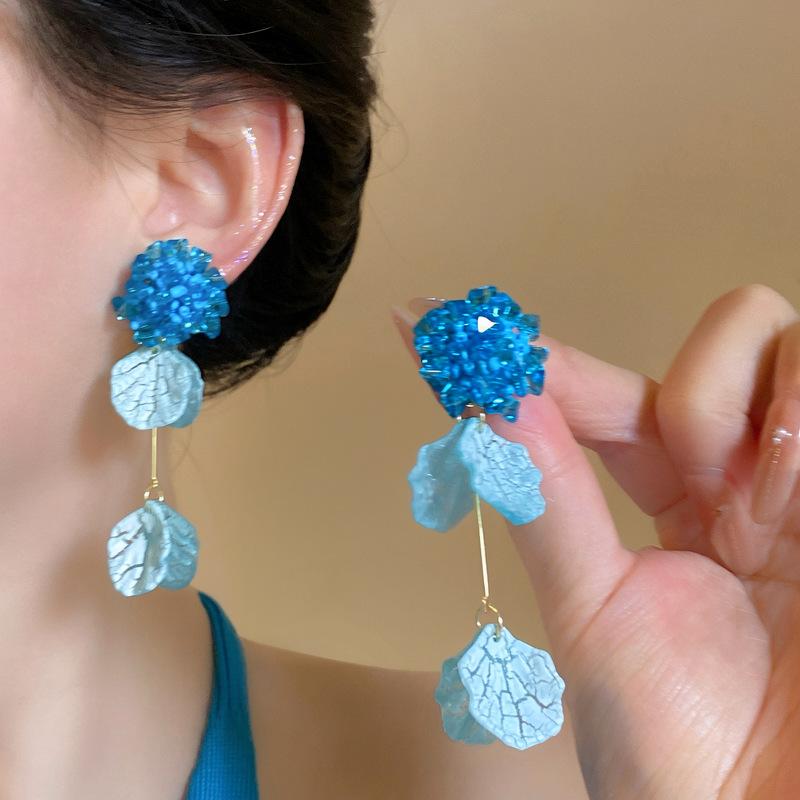 New Blue Hydrangea Dangle Earrings Women Tassel Petal Drop Earrings Fashion Beach Vacation Style Daily Wear Jewelry Accessories