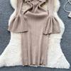 Sexy Bodycon V Neck Flare Pletené šaty s dlouhým rukávem Elegantní Elegantní Vestidos Podzimní Ženy Módní Hip zavinovací šaty