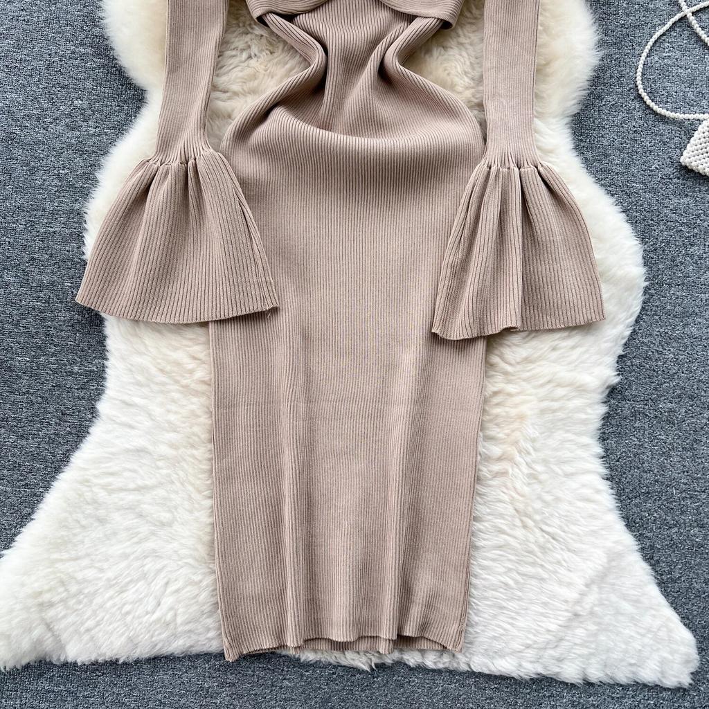 Sexy Bodycon V Neck Flare Pletené šaty s dlouhým rukávem Elegantní Elegantní Vestidos Podzimní Ženy Módní Hip zavinovací šaty