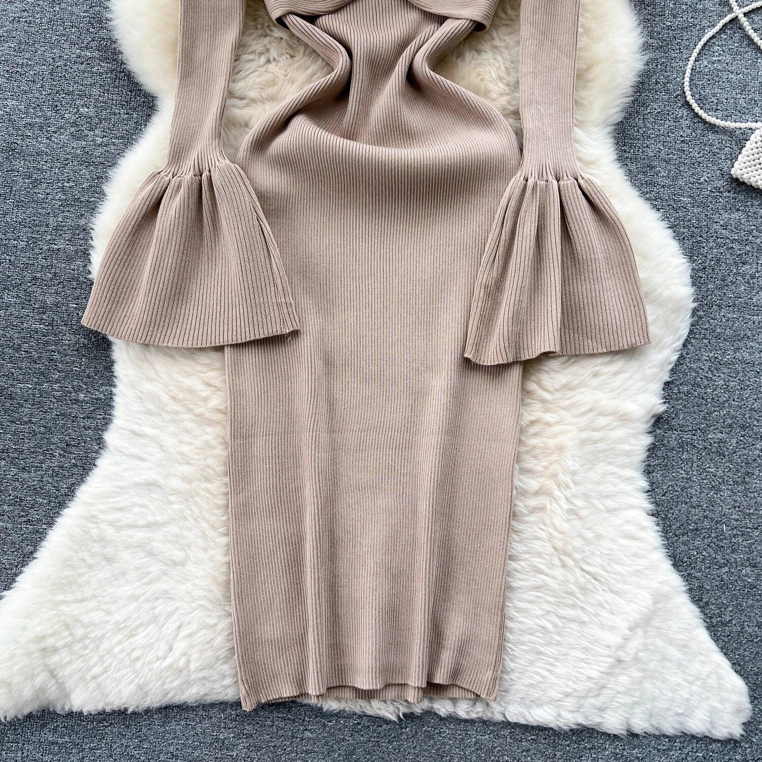 Сексуальное облегающее вязаное платье с v-образным вырезом и длинными рукавами — фото 12