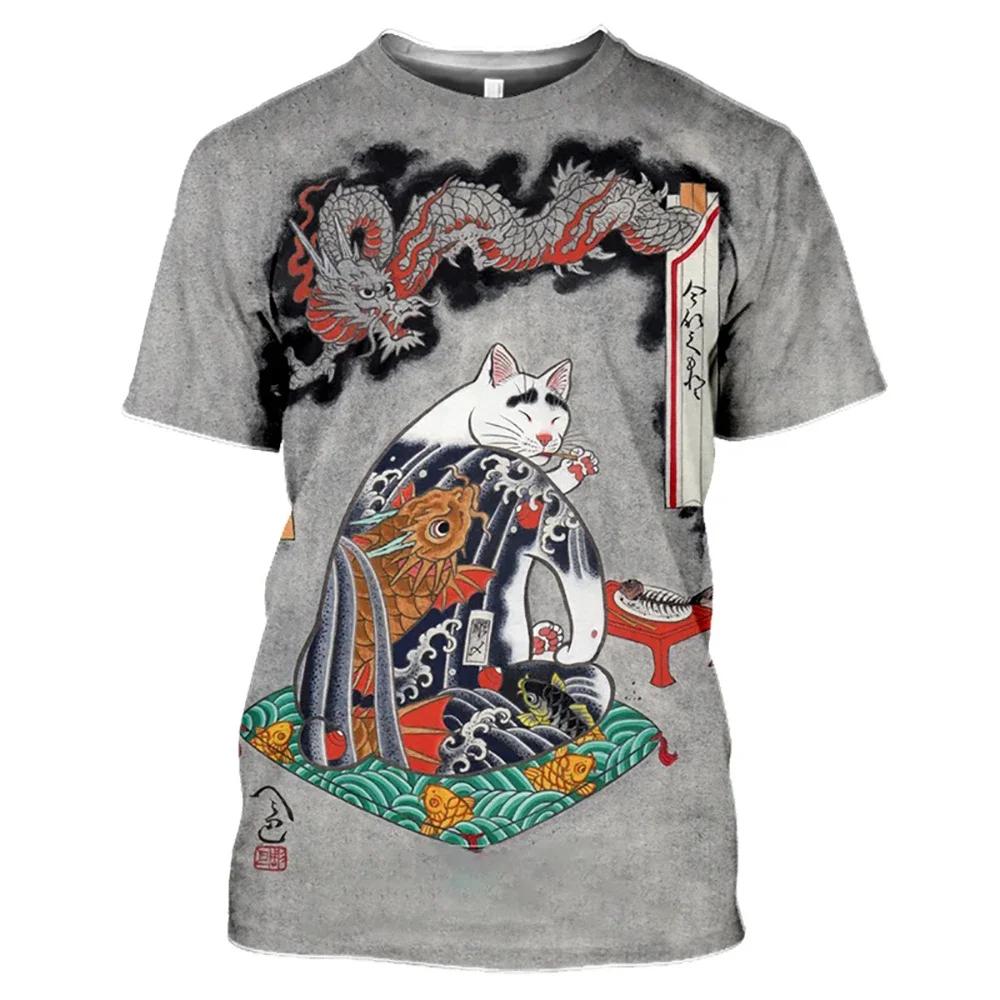 Neue Mode Vintage T-Shirt Samurai Katze Tattoo Shirt Herren 3D Cooler Druck Kunst Klassisches Shirt Sommer Trend T-Shirt
