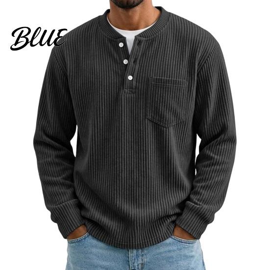 Versatile Ribbed Cuff Pullover Men Corduroy Shirt, Long Sleeve Button Collar with Chest Pocket, Layering Shirts for Loose Fit Textured Sweatshirt Fall