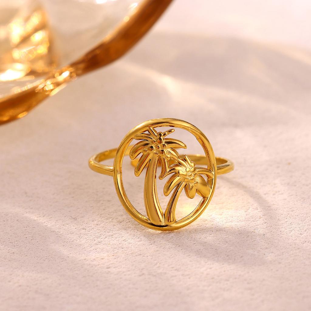 Summer Beach Style Gold Color Open Rings Stainless Steel Starfish Seashell Palm Tree Anillos Waterproof Ring Jewelry For Women