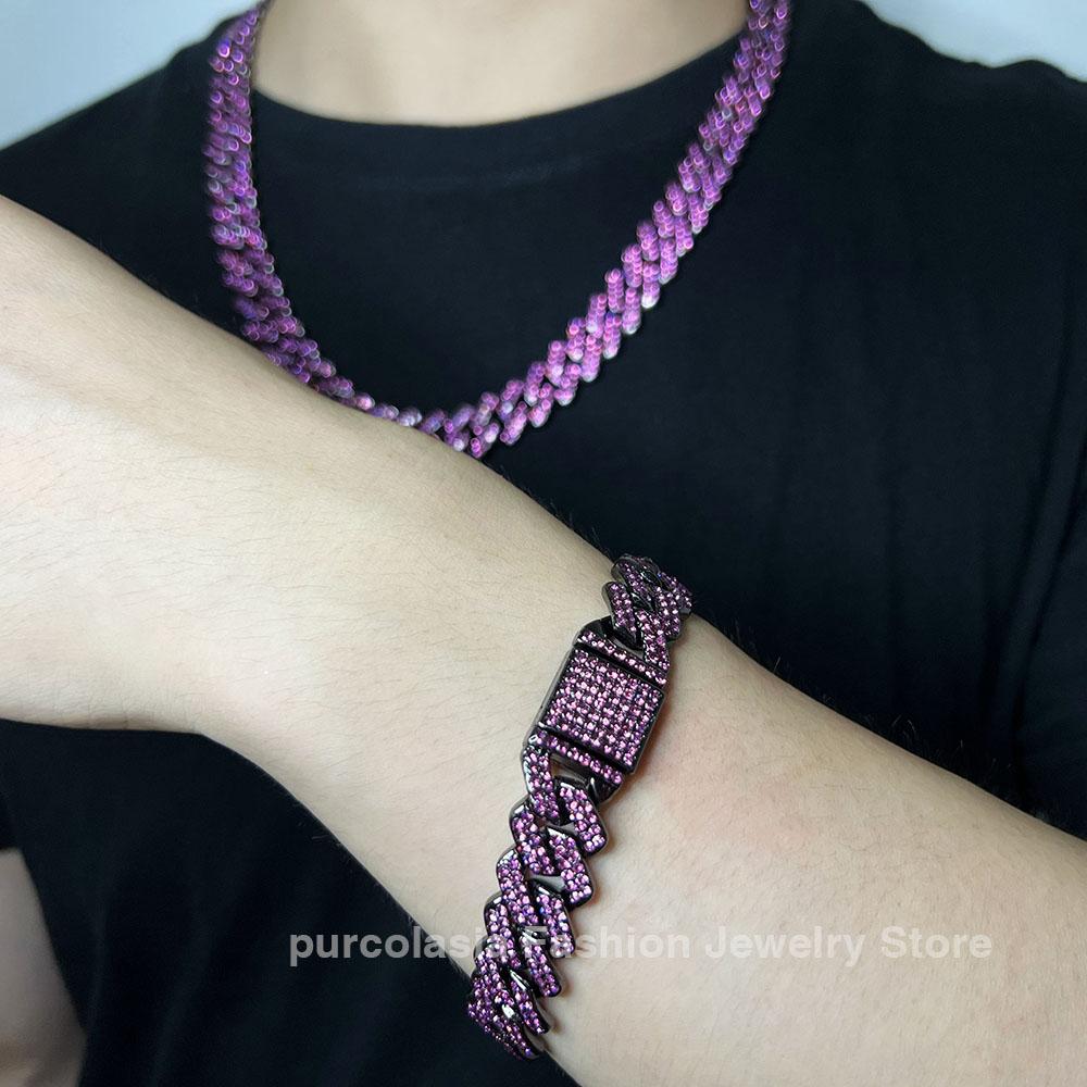 Lucky Star Jewelry Women's Purple Hip Hop Men 14Mm Cuban Link Chain With Bracelete Bling Iced Out Rhinestones Paved Miami Necklace Bling