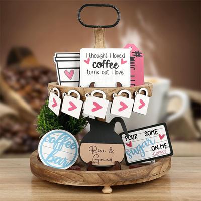 Coffee Tray Decoration Wooden Coffee Theme Tabletop Decoration Suitable For Home Kitchen Bar Hotel Tray Stand Decoration Holiday Party Supplies
