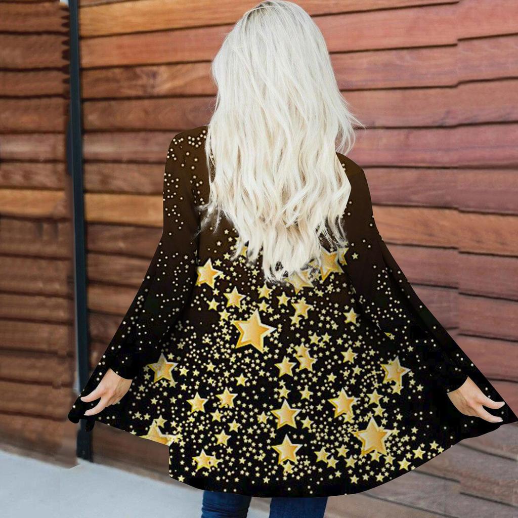 Cardigan feminino estampado de Natal com manga comprida e frente, blusa estampada e jaqueta leve