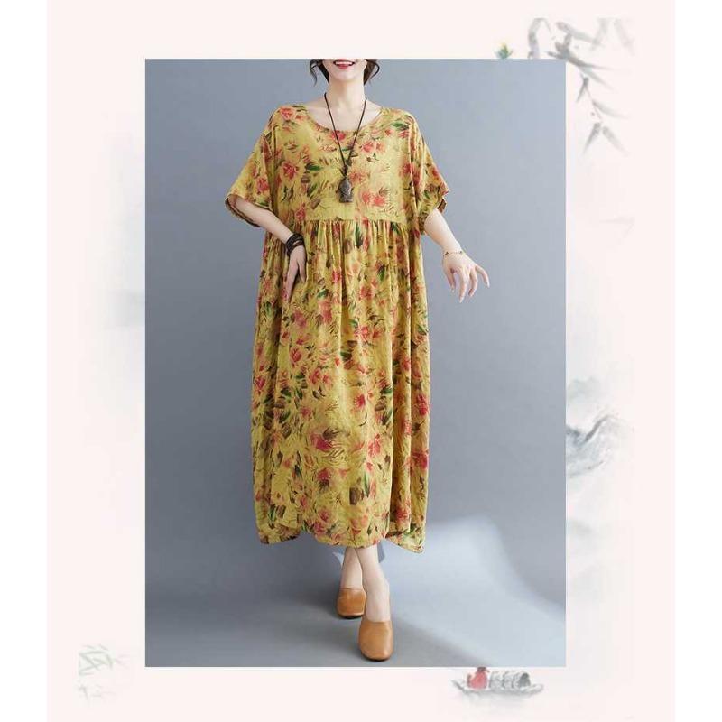 Loose and Thin Retro Swing Round Neck Short Sleeve Long Dresses