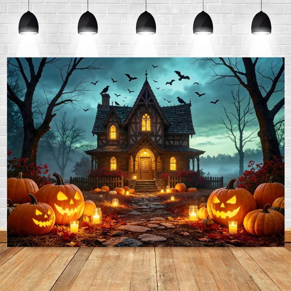 Halloween Full Moon Suburbs Cemetery Backdrop Scary Skull Castle Pumpkin Lantern Family Festival Party Decor Photo Background