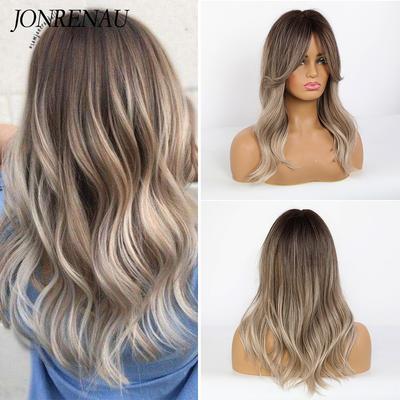 JONRENAU 16 cali syntetyczne platynowe blond włosy długie naturalne fale Ombre Brown mieszane kolory peruki imprezowe dla białych/czarnych kobiet