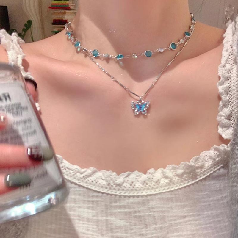 Romantic Blue Crystal Butterfly Necklace For Women Girls Simple Shiny Zircon Bilayer Choker Clavicle Chain New Fashion Jewelry