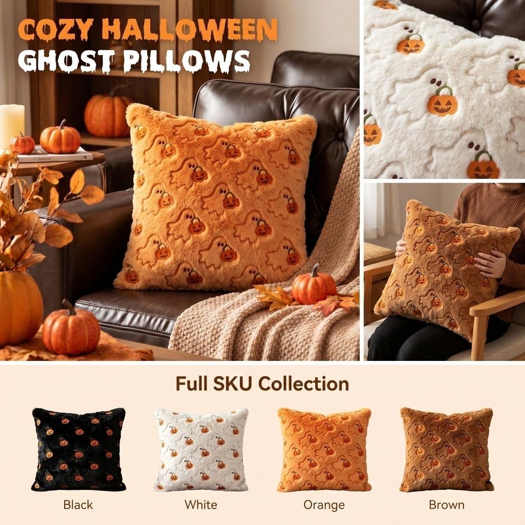 Halloween Plush Pillow Cover 45cm Square Decorative Cushion Case Soft Fabric Ghost and Pumpkin Pattern for Home Sofa Bedroom