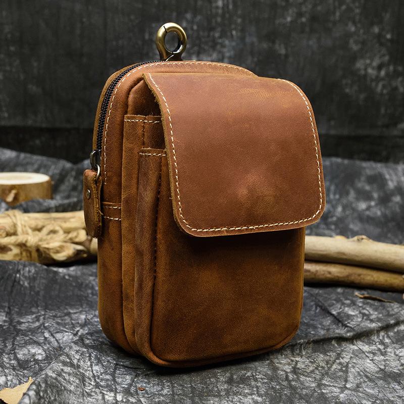 Bolsa de Cintura de Couro Retrô Masculina, Bolsa de Pendurar com Cinto de Dupla Camada em Couro Crazy Horse, Bolsa para Celular de Couro Bovino de Primeira Camada