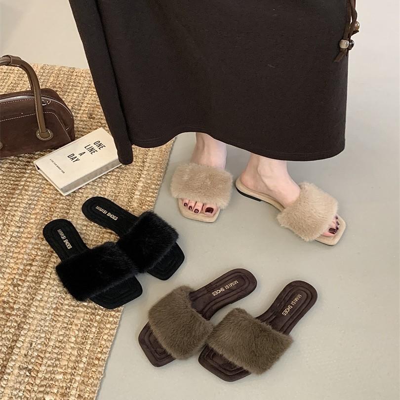 2025 autumn and winter new European and American slope heel French square head open-toed fluffy slippers women's shoes outside wear