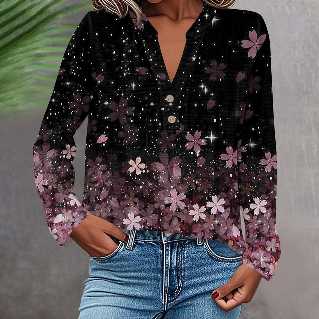 Camisa de Moda y Casual para Mujer Manga Larga Cuello en V Botones Estampada Blusa Top