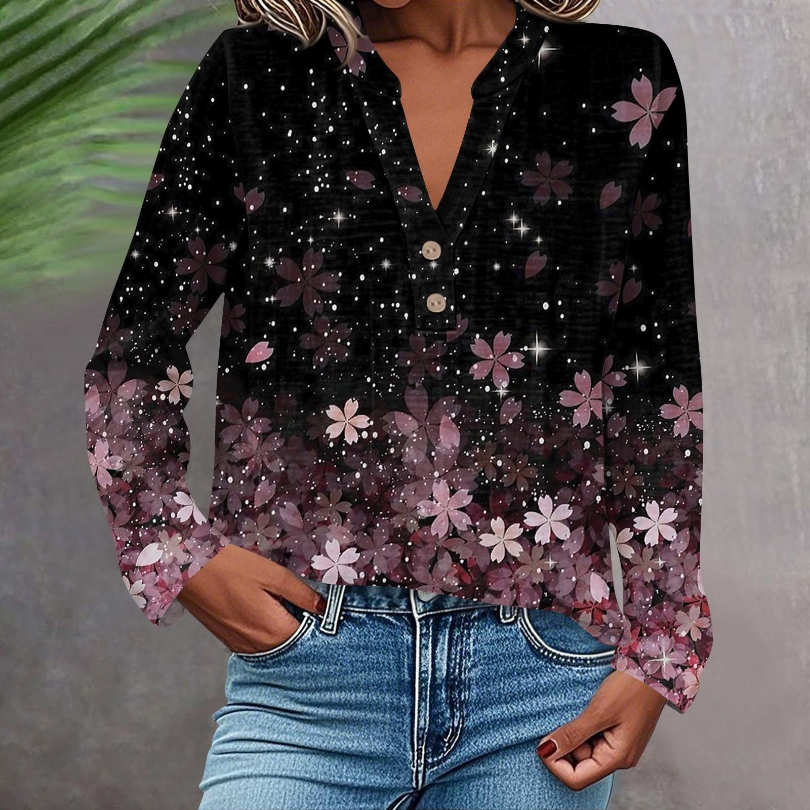 

Женская модная и повседневная рубашка с длинным рукавом, V-образным вырезом, на пуговицах, с принтом, блузка, топ L