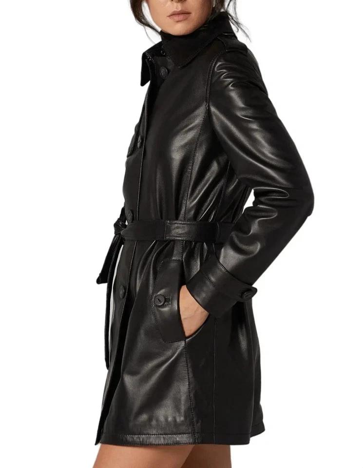 Palton de Piele pentru Femei Handmade Piele de Miel Scurt Trench Negru Piele Naturală Casual Elegant