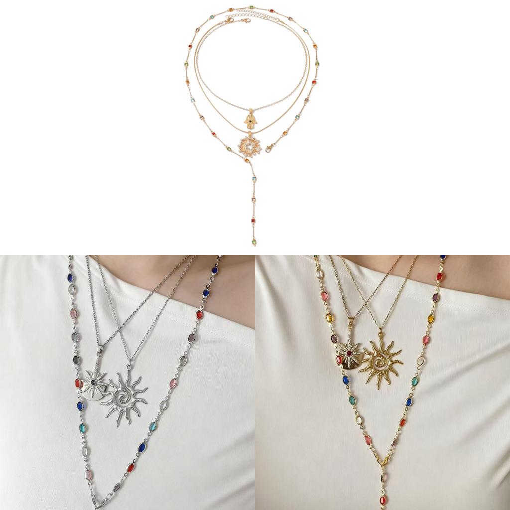 Sun Pendant Necklace With Tassel And Star Shape For Women Elegant Style