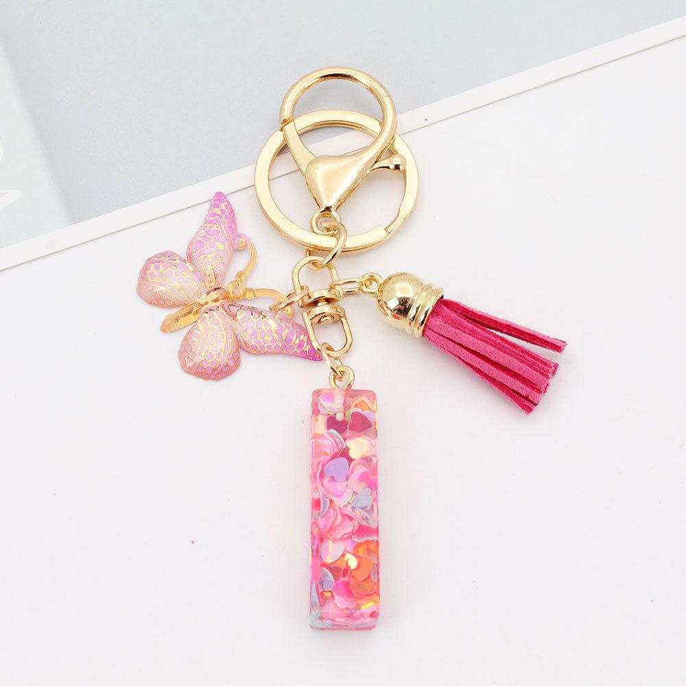 Fashion A-Z Letters Acrylic Keychain for Women Pink Butterfly Tassel Alphabet Car Key Ring Bag Charms Accessories Gift Jewelry