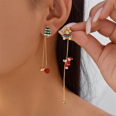 Christmas Crawling Santa Claus Asymmetric Tassel Drop Earrings Cartoon Sleigh Deer Tree Bell Glove Earring For Women Men Jewelry