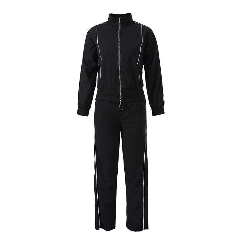 Sudadera Corta Casual a Rayas Traje Deportivo Mujer Otoño Sudadera con Cremallera Suelta Cordón Elástico Pantalones de Pierna Ancha Conjunto de Dos Piezas