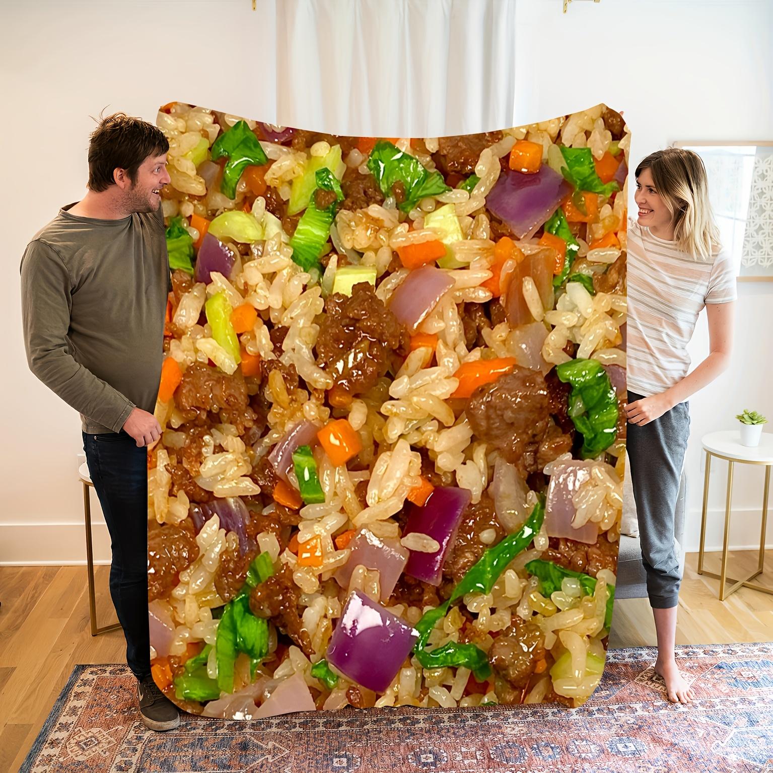 Chinese-Style Fried Rice Print Flannel Blanket, Soft Warm Cozy for Naps Camping Travel Home Decor Food Lovers 75X95CM