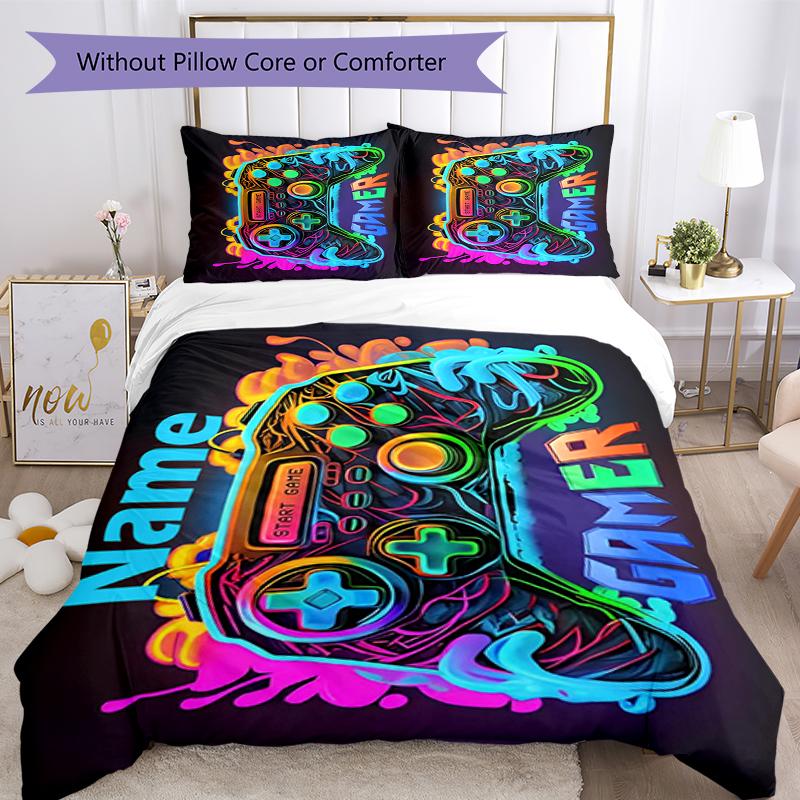 3pcs Custom Name Game Controller Bedding Set Duvet Cover Closure Includes 1 Duvet Cover & 2 Pillowcases, Soft and Comfortable for All Seasons.