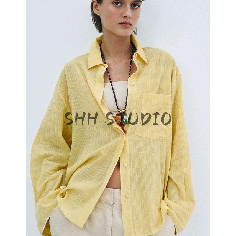 Women's Spring Clothing French Simplicity Style Lapel Cotton Spinning Stripes Ruched Long Sleeve Shirt Top 2803670