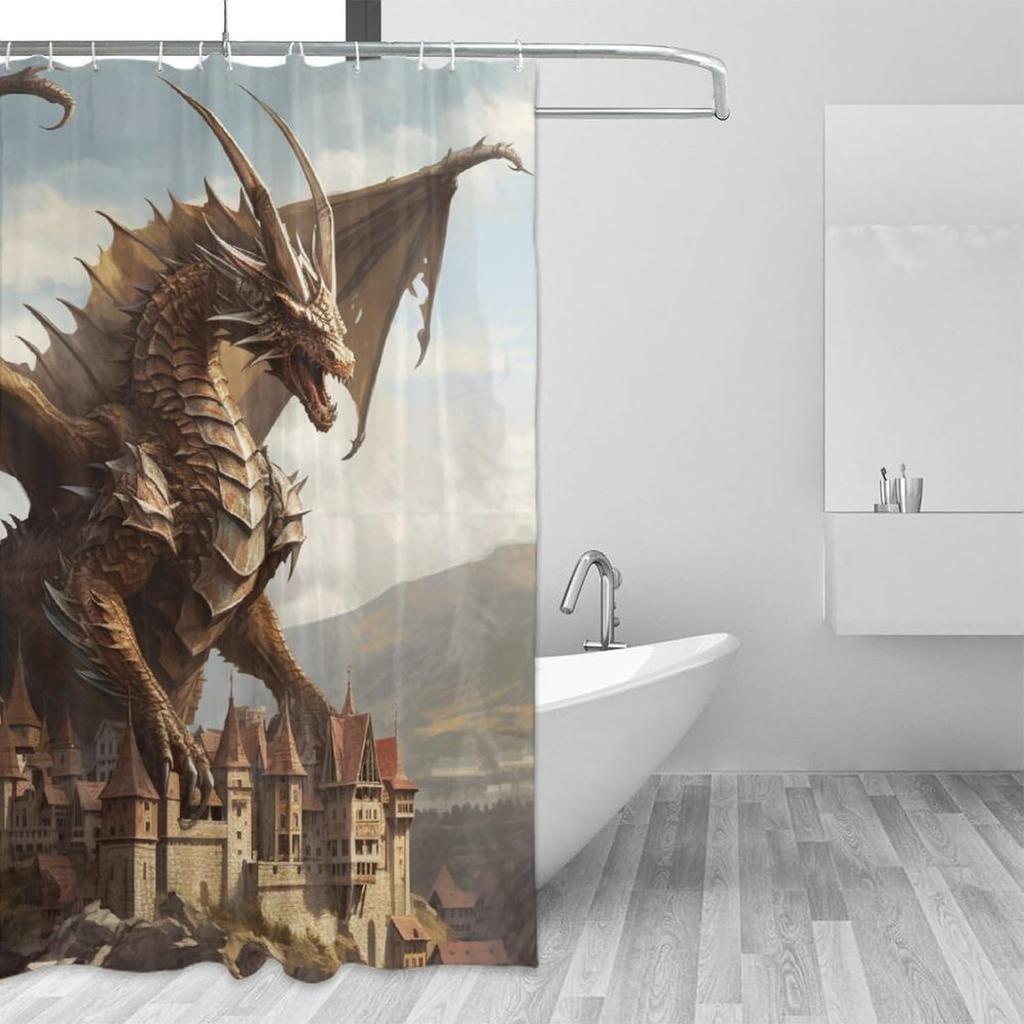 Cartoon Retro Dragon Shower Curtain Medieval Castle Shower Curtain, Fantasy Magic Dragon Retro Pattern Printed Boys Girls Teen