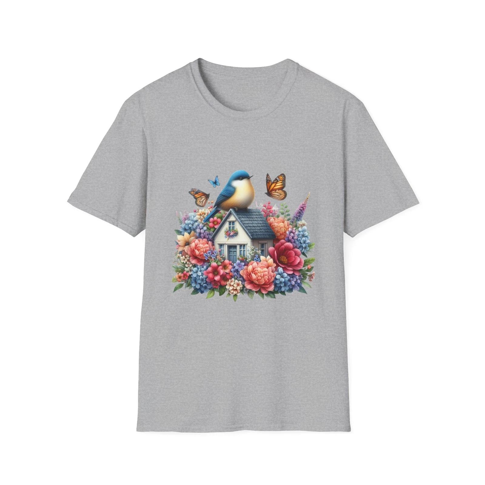 Floral Birdhouse T-Shirt, Cozy Nature Tee, Spring Gift, Eco-Friendly Apparel, L