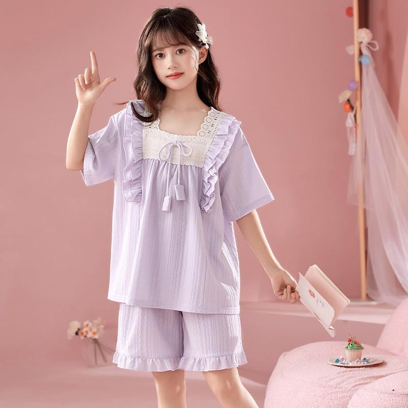 Girls Cotton Pajama Set Short Sleeve Princess Style Sleepwear Kids 8 Years Lightweight Home Wear
