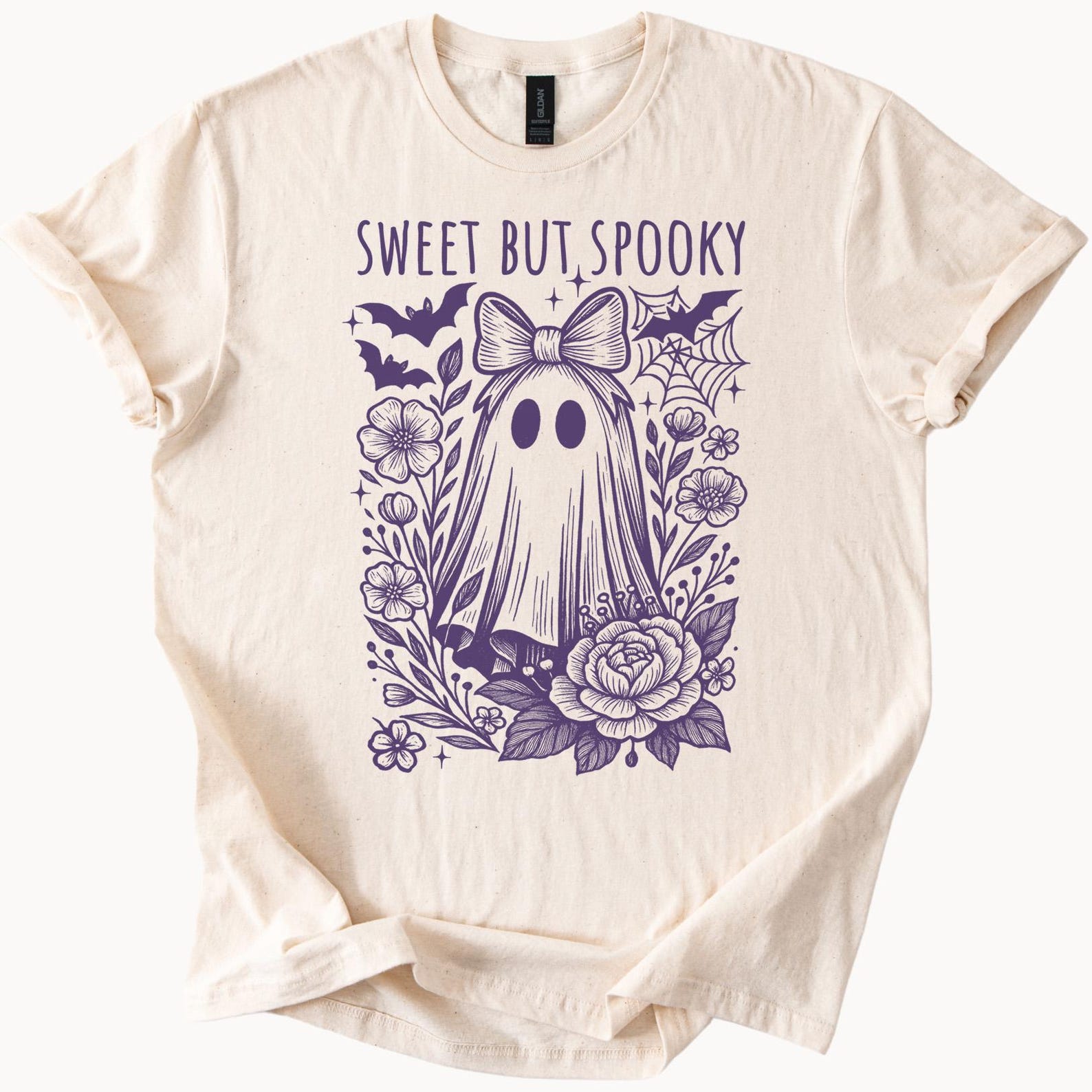 Sweet But Spooky Ghost With Bow Halloween Flowers Bats Cute Graphic T Shirt Creepy Cute Ghost Shirt Fall Aesthetic Halloween Tee Shirt 130