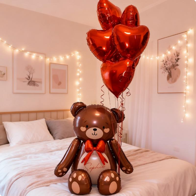 Bow Bear Aluminum Film Balloon Set Brown Bear Balloon Heart shaped Balloon for Birthday, Wedding, Shower, Anniversary Decoration