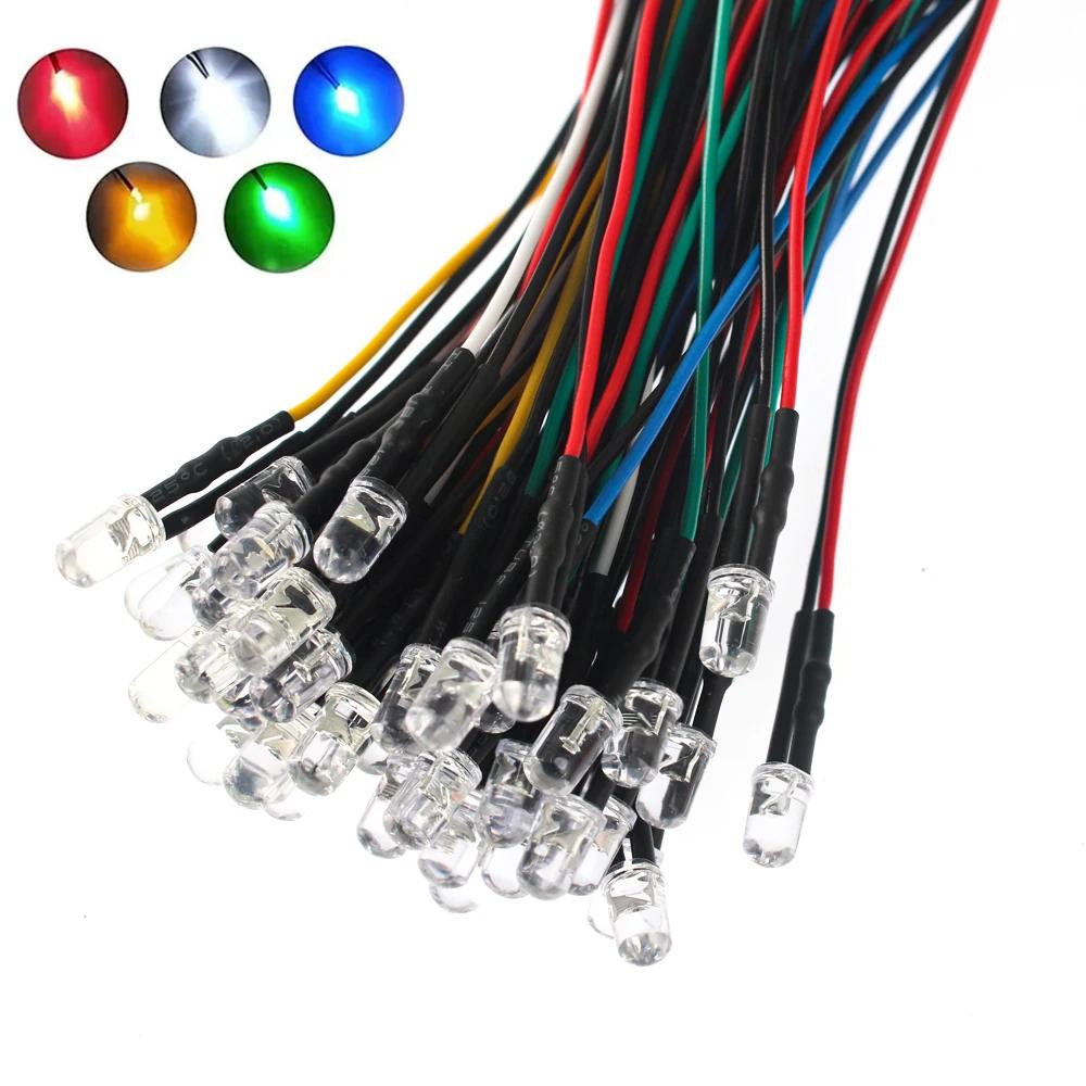 50PCS Pre Wired Led 12V 5mm LED Diode Lights 20CM Prewired 5 Colors X 10pcs  DIY Emitting Diodes Kit White Red Green Blue Yellow