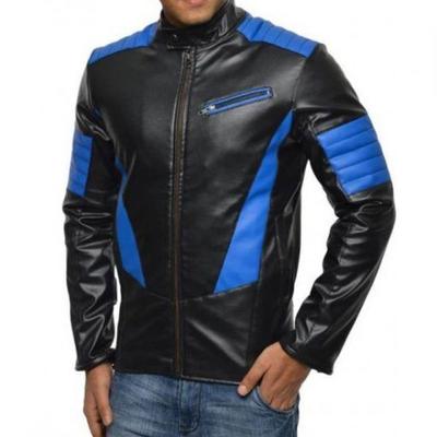 Halloween Stilvolle Motorrad Lammfell Leder Schwarz & Blau Hoodie Jacke Männer