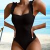 Square Collar Backless Ribbed Women Monokini Ruffle Shoulder Straps Solid Color One-piece Bikini Beachwear