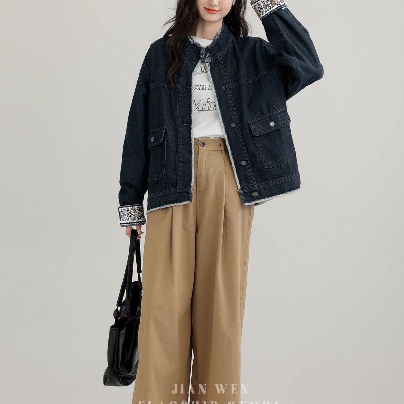 Dżinsowa kurtka z kołnierzem stójką Retro na wiosnę/jesień 2025 - Stylowa luźna, krótka w stylu hongkońskim dla kobiet