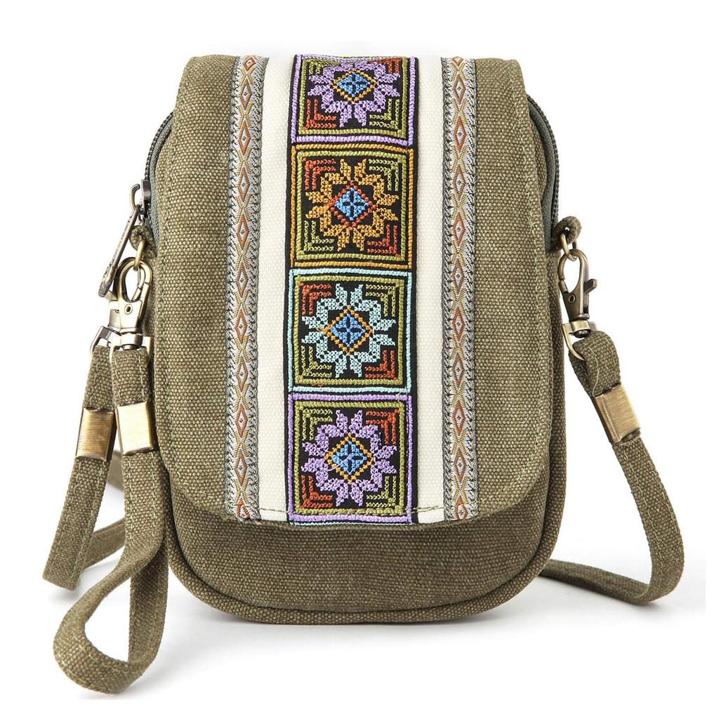 Ethnic Embroidered Canvas Phone Bag With Multiple Pockets For Daily Use