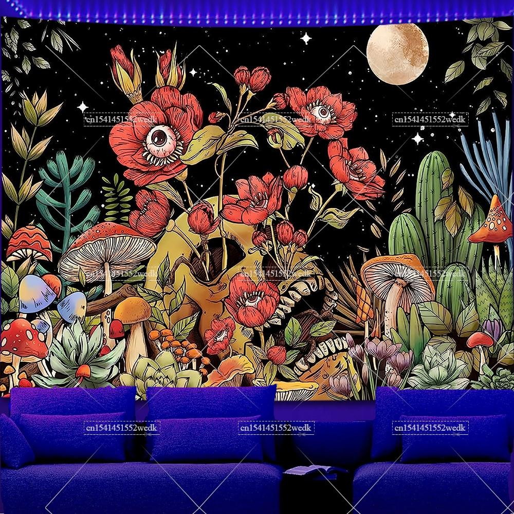 Skeleton Eye Blacklight Mushroom Tapestry UV Reactive Sun And Moon Neon Tapestrys Glow In The Dark Aesthetic Room Decor Posters