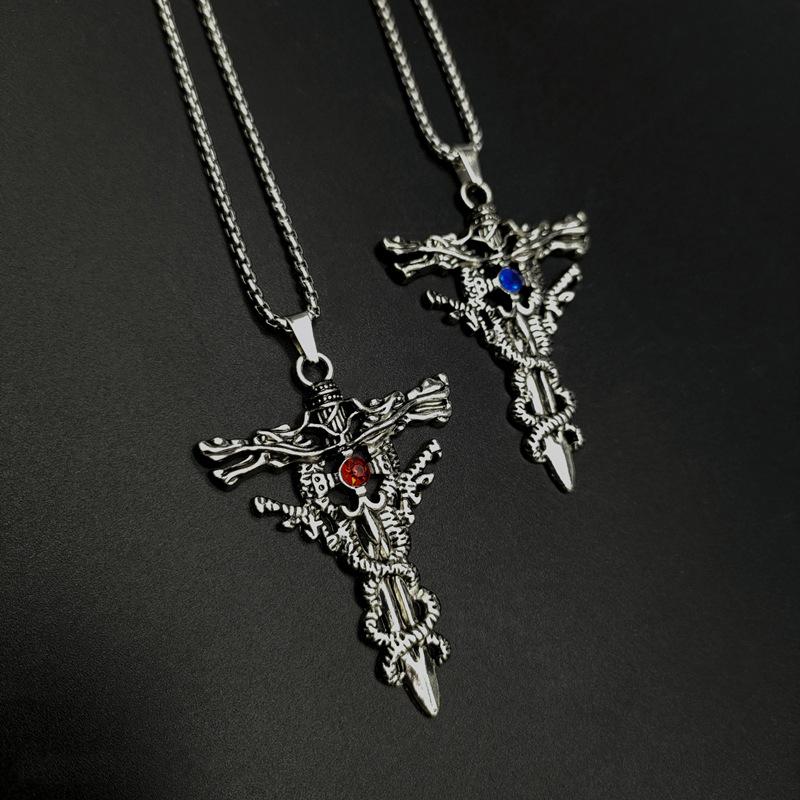 Punk Titanium Steel Necklace For Men Alloy Double Dragon Sword Pendant Choker Vintage Evil Eye Cross Jewelry Gift
