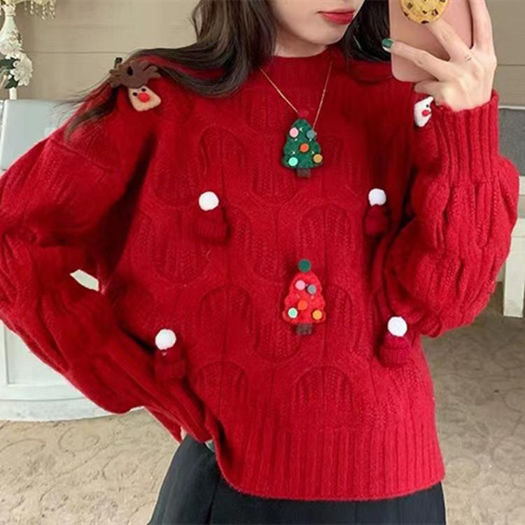 Red Christmas Themed Sweater Women's Long Sleeved Threaded Pullover Loose Casual Women's Chic Top Clothing