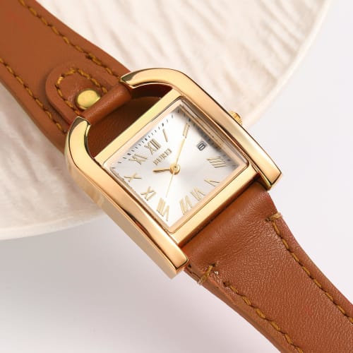 BUREI Women's Watch, Stylish, Simple, Cute, Quartz, Waterproof, Analog, Gold Square Dial, Roman Numerals, Brown Leather Strap, Commuter, Business, Cas
