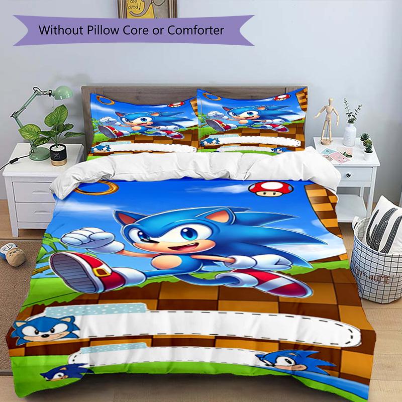 3pcs Duvet Cover Set (1*Duvet Cover + 2*Pillowcase, Without Core), Sonic Print Bedding Set, Bedroom Decor, All‑Season, Birthday Gift