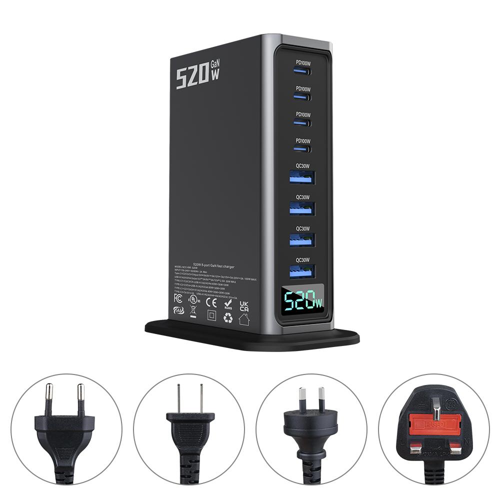 520W GaN Desktop Fast Charger 8-Port 4 USB-C+4 USB-A PD 100W Fast Charger USB Type C Mobile Phone Power Charger Station