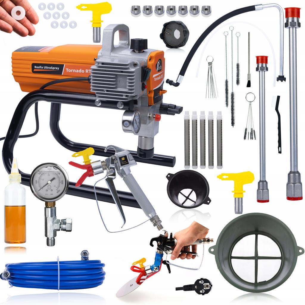 Rosfix Malířská sada Tornado RT1 UltraSpray 1800W – Agregát, Pistole, Hadice 8m | Trysky 215 a 517 | Čisticí sada 17v1