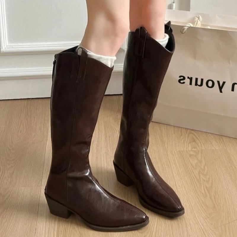 Women's High Boots Elegant Mid Heels Fashion Pointed Toe Shoes Winter Chelsea Long Boots New Pumps Gothic Mujer De Botas
