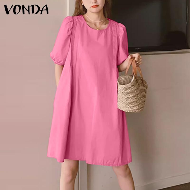 

VONDA женские однотонные элегантные платья с круглым вырезом и короткими рукавами, плиссированные подол