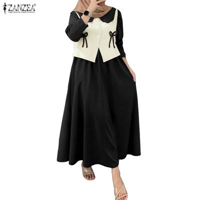 Damen Lässiges Puppenkragen Lockeres Langarm Patchwork Kleid
